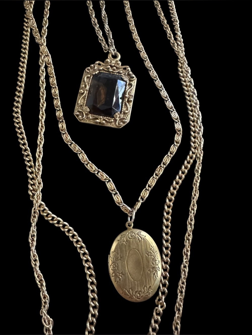 Vintage Goldette Multi Strand Gold Tone Necklace Smoky Glass Pendant Locket